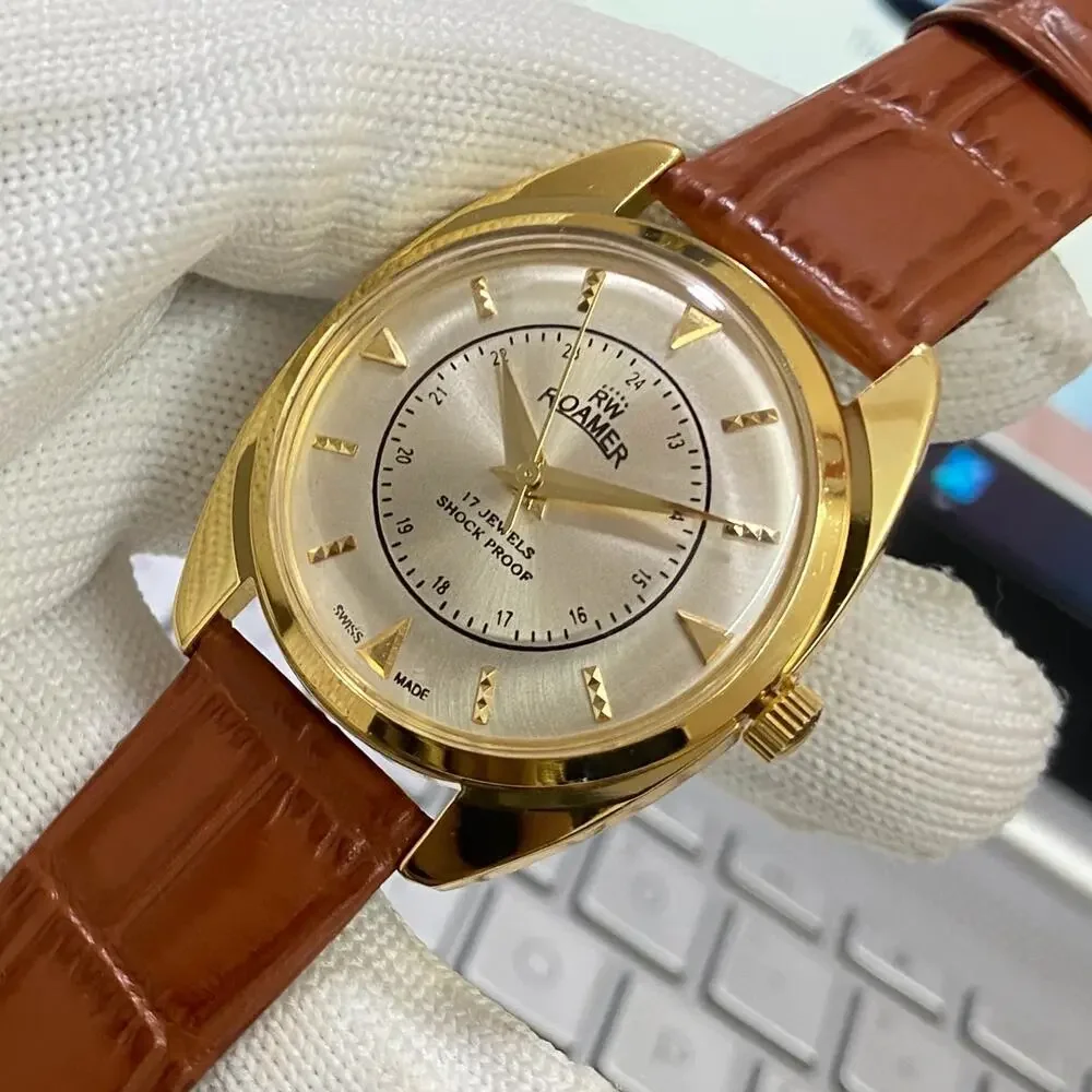 Vintage 1985 Roamer Manual Mens Gold Watch W/Leather Strap & Silver accents